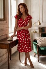 425-15 MATILDE Flared midi dress with a wrap neckline and short sleeves - burgundy with polka dots-4
