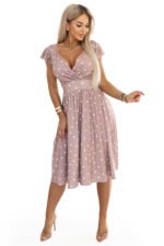 425-16 MATILDE Flared midi dress with a wrap neckline and short sleeves - beige with polka dots-10