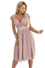 425-16 MATILDE Flared midi dress with a wrap neckline and short sleeves - beige with polka dots-11