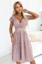 425-16 MATILDE Flared midi dress with a wrap neckline and short sleeves - beige with polka dots-4