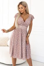 425-16 MATILDE Flared midi dress with a wrap neckline and short sleeves - beige with polka dots-1