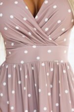 425-16 MATILDE Flared midi dress with a wrap neckline and short sleeves - beige with polka dots-8