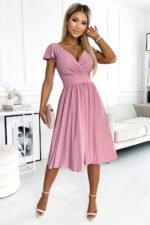 425-2 MATILDE Dress with a neckline and short sleeves - powder pink with glitter-4