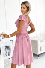 425-2 MATILDE Dress with a neckline and short sleeves - powder pink with glitter-3