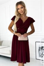 425-4 MATILDE Dress with a neckline and short sleeves - Burgundy color-1