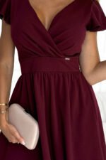 425-4 MATILDE Dress with a neckline and short sleeves - Burgundy color-5