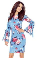427-1 Dress with flared tied sleeves - red large roses on dark denim-1