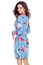 427-1 Dress with flared tied sleeves - red large roses on dark denim-4