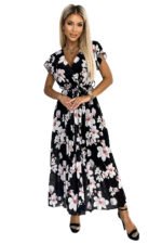 434-1 LISA Pleated midi dress with a neckline and frills - peach blossom on a black background-7