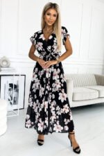 434-1 LISA Pleated midi dress with a neckline and frills - peach blossom on a black background-1