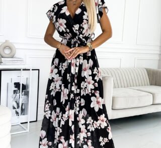 434-1 LISA Pleated midi dress with a neckline and frills - peach blossom on a black background-1