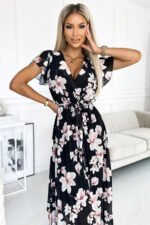434-1 LISA Pleated midi dress with a neckline and frills - peach blossom on a black background-2
