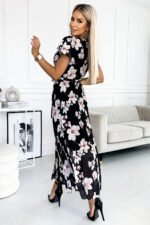 434-1 LISA Pleated midi dress with a neckline and frills - peach blossom on a black background-3