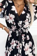434-1 LISA Pleated midi dress with a neckline and frills - peach blossom on a black background-6