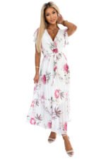 434-6 LISA Pleated midi dress with a neckline and frills - spring flowers on a white background-7