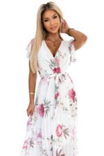 434-6 LISA Pleated midi dress with a neckline and frills - spring flowers on a white background-8