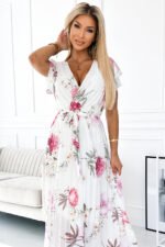 434-6 LISA Pleated midi dress with a neckline and frills - spring flowers on a white background-4
