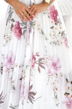 434-6 LISA Pleated midi dress with a neckline and frills - spring flowers on a white background-6