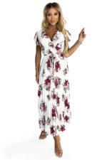 434-8 LISA Pleated midi dress with a neckline and frills - burgundy roses-7