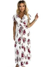 434-8 LISA Pleated midi dress with a neckline and frills - burgundy roses-8