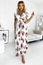 434-8 LISA Pleated midi dress with a neckline and frills - burgundy roses-4