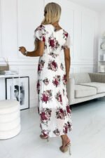 434-8 LISA Pleated midi dress with a neckline and frills - burgundy roses-3