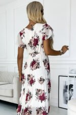 434-8 LISA Pleated midi dress with a neckline and frills - burgundy roses-5