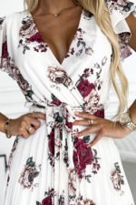 434-8 LISA Pleated midi dress with a neckline and frills - burgundy roses-6