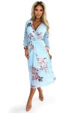 448-3 YUNA Pleated midi dress with a neckline and a belt - roses on a blue background-8