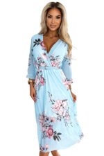 448-3 YUNA Pleated midi dress with a neckline and a belt - roses on a blue background-9