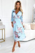 448-3 YUNA Pleated midi dress with a neckline and a belt - roses on a blue background-4