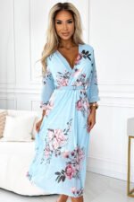 448-3 YUNA Pleated midi dress with a neckline and a belt - roses on a blue background-1