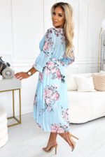 448-3 YUNA Pleated midi dress with a neckline and a belt - roses on a blue background-3