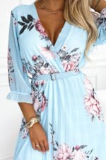 448-3 YUNA Pleated midi dress with a neckline and a belt - roses on a blue background-7