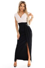 451-3 Shiny dress with short sleeves, neckline and slit on the leg - black and beige with glitter-7
