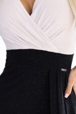 451-3 Shiny dress with short sleeves, neckline and slit on the leg - black and beige with glitter-6