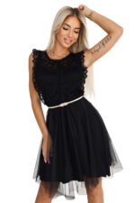 454-5 GRETA lace dress with tulle skirt and gold belt - black-8