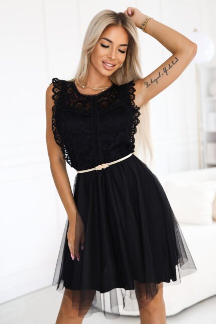 454-5 GRETA lace dress with tulle skirt and gold belt - black-1