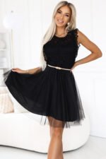 454-5 GRETA lace dress with tulle skirt and gold belt - black-6