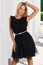 454-5 GRETA lace dress with tulle skirt and gold belt - black-5