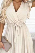 455-1 CORNELIA dress with frill, neckline and tie - beige-5