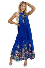 456-1 ESTER Pleated satin maxi dress - blue with flowers-7
