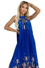 456-1 ESTER Pleated satin maxi dress - blue with flowers-8