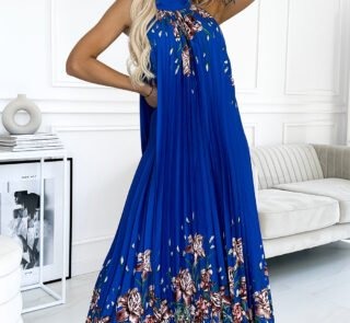 456-1 ESTER Pleated satin maxi dress - blue with flowers-1