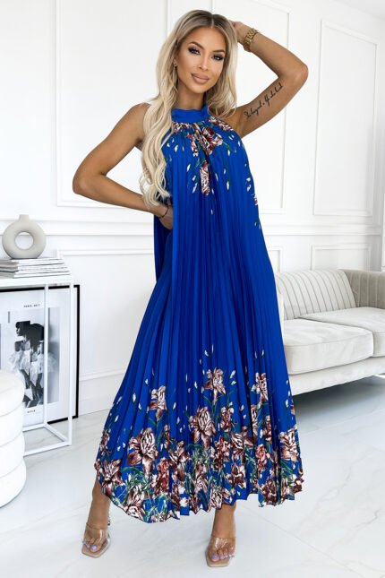 456-1 ESTER Pleated satin maxi dress - blue with flowers-1