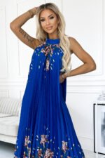 456-1 ESTER Pleated satin maxi dress - blue with flowers-4