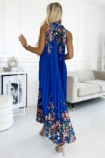 456-1 ESTER Pleated satin maxi dress - blue with flowers-3
