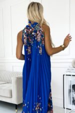 456-1 ESTER Pleated satin maxi dress - blue with flowers-5