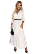 462-1 SERENA Pleated maxi dress with a neckline, belt and 3/4 sleeves - beige-7