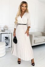 462-1 SERENA Pleated maxi dress with a neckline, belt and 3/4 sleeves - beige-1